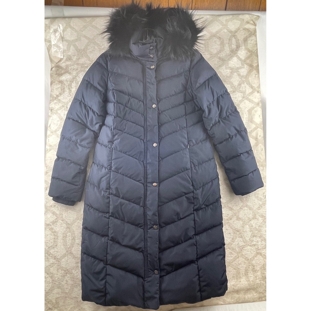 Brooks Brothers Navy Down Long Puffer Coat Faux Fur Hood Women Size 2